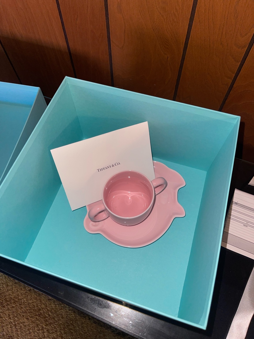 Tiffany & Co. Pink Porcelain Double-Handled Cup with Sculpted Saucer